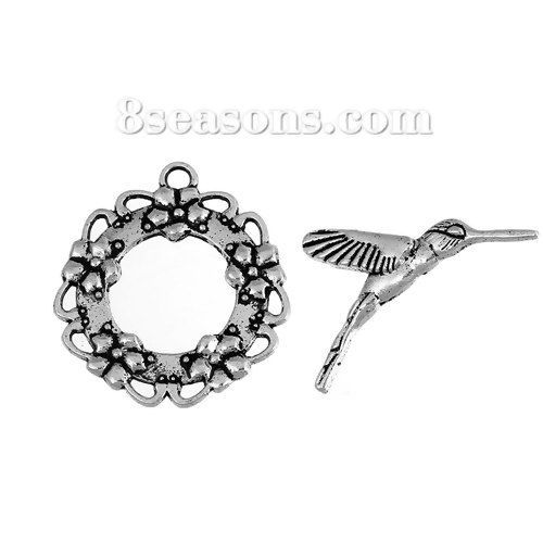 Picture of Zinc Based Alloy Toggle Clasps Findings Garland & Hummingbird Antique Silver Color 29mm x 16mm 28mm x 26mm, 10 Sets