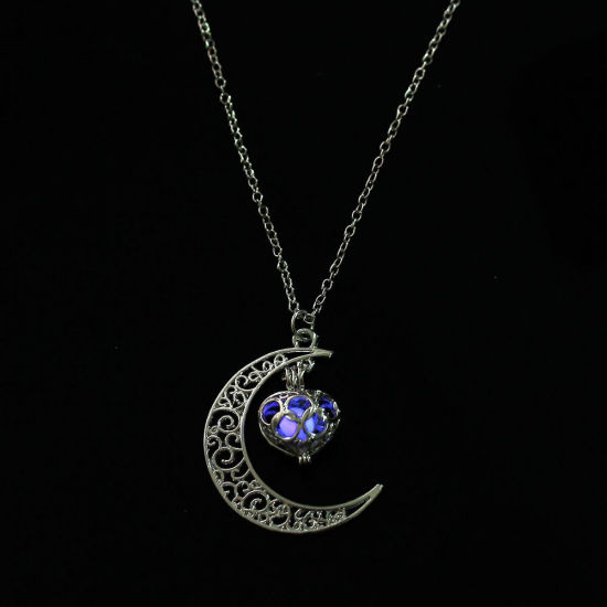  銅 暗闇で光る  空色 夜光 月 ネックレス シルバートーン 47.5cm長さ、 1 本 の画像