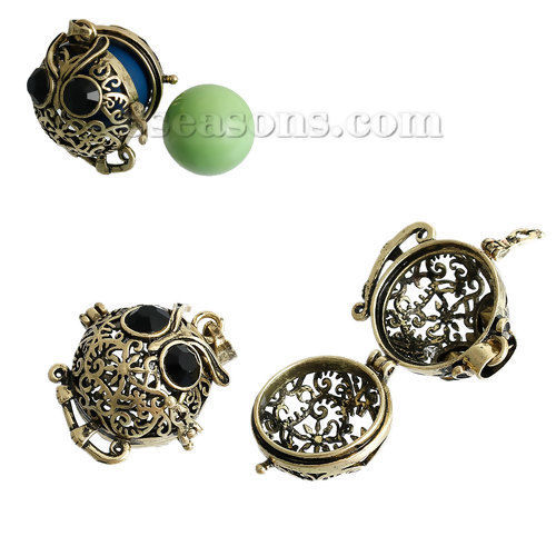 Picture of Copper Mexican Angel Caller Bola Harmony Ball Wish Box Pendants Antique Bronze Halloween Owl Hollow Carved Black Rhinestone Can Open (Fit Bead Size: 16mm) 3.5cm x2.5cm(1 3/8" x1") - 3.5cm x2.4cm(1 3/8" x1"), 1 Piece