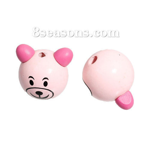 Picture of Natural Hinoki Wood 3D Beads Bear Pink Smile Pattern About 29mm x27mm - 27mm x27mm, Hole: Approx 4.8mm - 4mm, 10 PCs