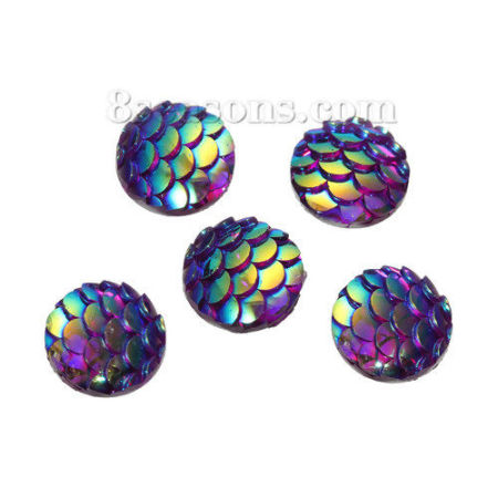 Picture of Resin Mermaid Fish /Dragon Scale Dome Seals Cabochon Round Fuchsia AB Color 10mm( 3/8") Dia, 10 PCs