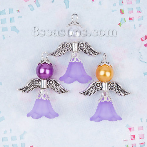 Picture of Trendy Glass Guardian Angel Wing Charms Pendants Mixed Antique Silver Color With Round Acrylic Bead 29mm(1 1/8") x 23mm( 7/8"), 1 Set (3 PCs/Set)