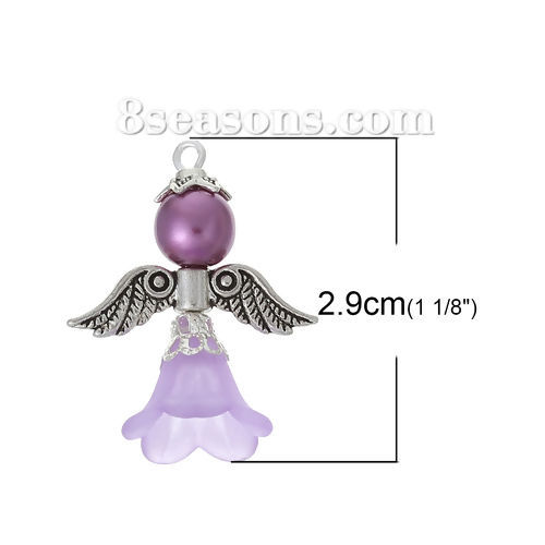 Picture of Trendy Glass Guardian Angel Wing Charms Pendants Mixed Antique Silver Color With Round Acrylic Bead 29mm(1 1/8") x 23mm( 7/8"), 1 Set (3 PCs/Set)