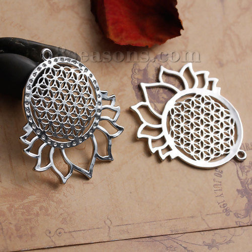 Picture of Brass Flower Of Life Pendants Silver Tone Hollow Carved 4.6cm(1 6/8") x 4cm(1 5/8"), 1 Piece                                                                                                                                                                  