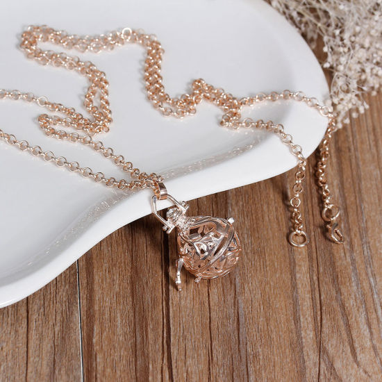 Picture of Sweater Necklace Long Rose Gold Mexican Angel Caller Bola Harmony Ball Wish Box Leaf Hollow ( Fit Beads Size: 16mm ) 82.5cm(32 4/8") long, 1 Piece