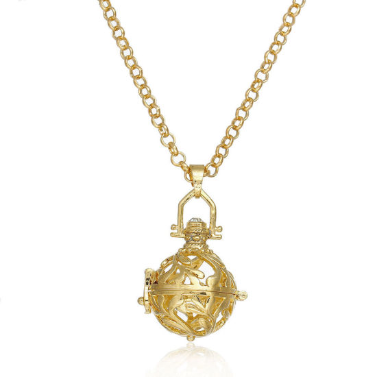Picture of Sweater Necklace Long Gold Plated Mexican Angel Caller Bola Harmony Ball Wish Box Leaf Pattern Hollow ( Fit Beads Size: 16mm ) 80.5cm(31 6/8") long, 1 Piece