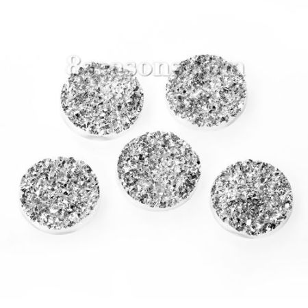 Image de Druzy Cabochon Dôme en Résine Rond Blanc Fond Argent 18mm Dia, 20 Pcs