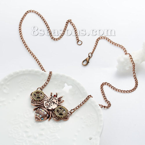 Picture of New Fashion Steampunk Necklace Link Curb Chain Antique Copper Bees Gear Connector With Multicolor Rhinestone 61.0cm(24") long, 1 Piece