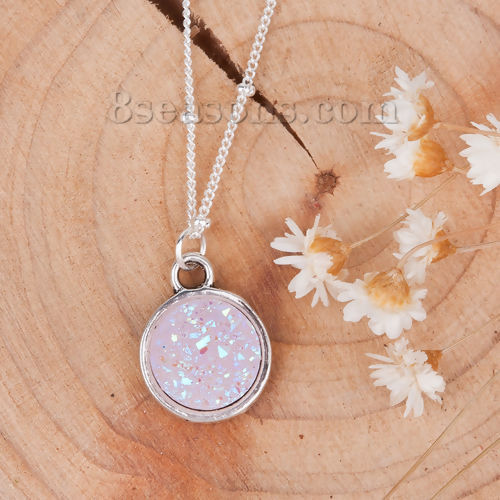 Picture of New Fashion Resin Druzy /Drusy Necklace Link Curb Chain Antique Silver Color Round Light Pink Pendant 48.5cm(19 1/8") long, 1 Piece