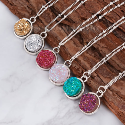 Picture of New Fashion Resin Druzy /Drusy Necklace Link Curb Chain Antique Silver Color Round Light Pink Pendant 48.5cm(19 1/8") long, 1 Piece