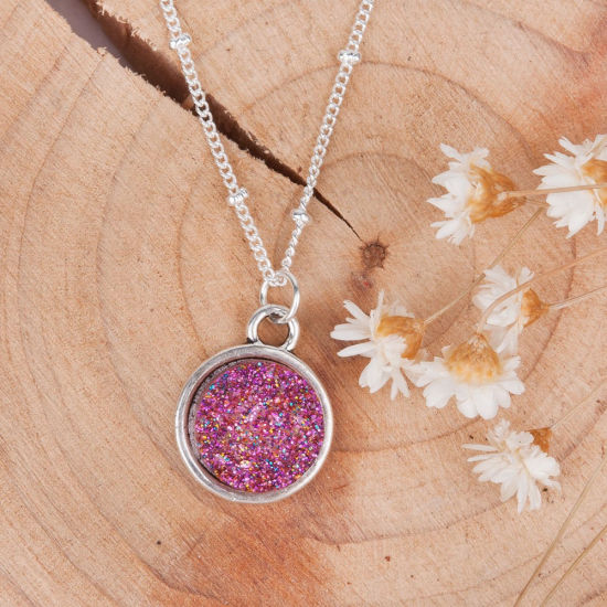 Picture of New Fashion Resin Druzy /Drusy Necklace Link Curb Chain Antique Silver Color Round Purple Pendant 48.5cm(19 1/8") long, 1 Piece