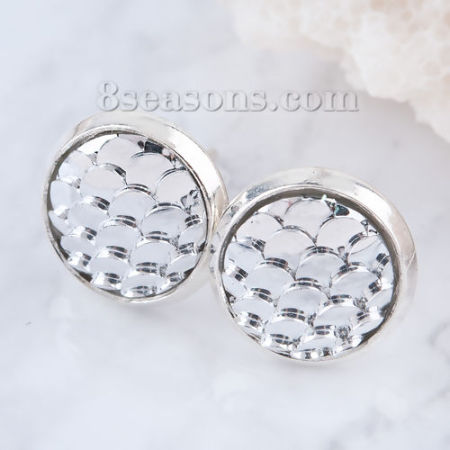 Picture of Brass & Resin Mermaid Fish/ Dragon Scale Ear Post Stud Earrings Round Silver Plated Silver Tone W/ Stoppers 15mm( 5/8") x 12mm( 4/8"), Post/ Wire Size: (21 gauge), 1 Pair