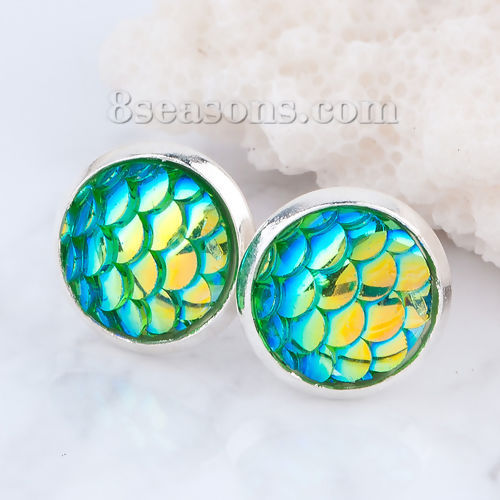 Picture of Copper & Resin Mermaid Fish/ Dragon Scale Ear Post Stud Earrings Round Silver Plated Green AB Color W/ Stoppers 15mm( 5/8") x 12mm( 4/8"), Post/ Wire Size: (21 gauge), 1 Pair