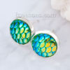 Picture of Copper & Resin Mermaid Fish/ Dragon Scale Ear Post Stud Earrings Round Silver Plated Green AB Color W/ Stoppers 15mm( 5/8") x 12mm( 4/8"), Post/ Wire Size: (21 gauge), 1 Pair