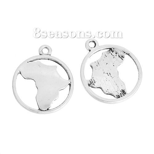 Immagine di Lega di Zinco Contorno Mappa Charm Ciondoli Viaggi  Tondo Argento Antico Africa Scolpito Filigrana 20mm x 17mm , 20 Pz