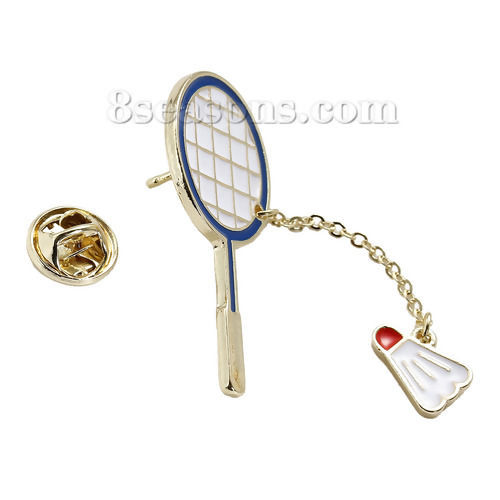 Picture of Tie Tac Lapel Pin Brooches Badminton Racket & Shuttlecock Gold Plated White Enamel 66mm(2 5/8") x 43mm(1 6/8"), 1 Piece