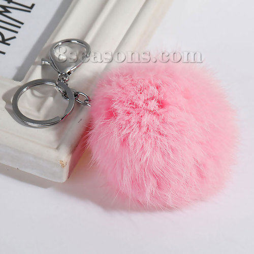 Picture of Angora Keychain & Keyring Pom Pom Ball Silver Tone Pink 14cm x 7.8cm, 1 Piece