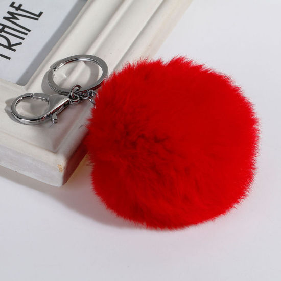 Picture of Angora Keychain & Keyring Pom Pom Ball Silver Tone Pink 14cm x 7.8cm, 1 Piece