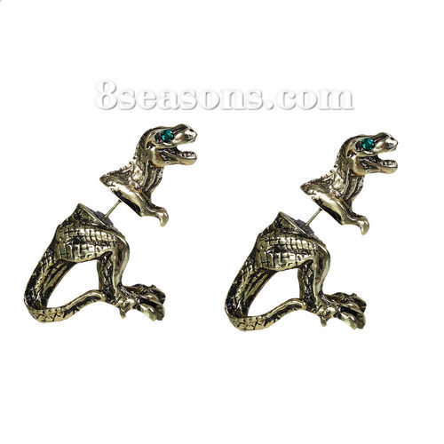 Picture of 2 PCs 3D Double Sided Ear Post Stud Earrings Antique Bronze Dinosaur Animal Blue Rhinestone 28mm x 22mm, Post/ Wire Size: (21 gauge)