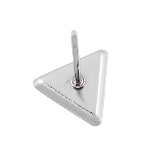 Picture of 304 Stainless Steel Ear Post Stud Earrings Cabochon Settings Triangle Silver Tone (Fits 6mm x 5mm) 7mm( 2/8") x 7mm( 2/8"), Post/ Wire Size: (21 gauge), 10 PCs