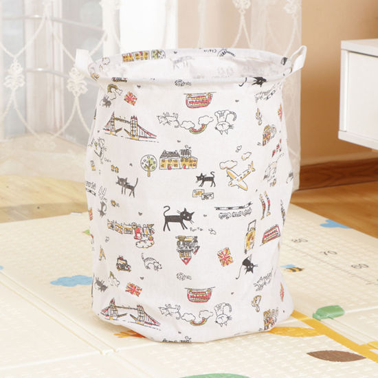 Picture of Cotton & Linen Clothes Laundry Basket Bag Multicolor Round Cat Foldable 45cm x 35cm, 1 Piece