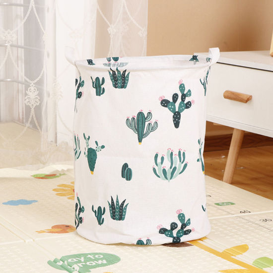 Picture of Cotton & Linen Clothes Laundry Basket Bag Green Round Cactus Foldable 45cm x 35cm, 1 Piece
