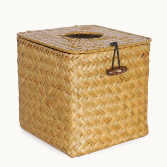 Picture of Yellow - Square Tissue Box Cover Seagrass Paper Towel Napkin Dispenser Tissue Storage Box