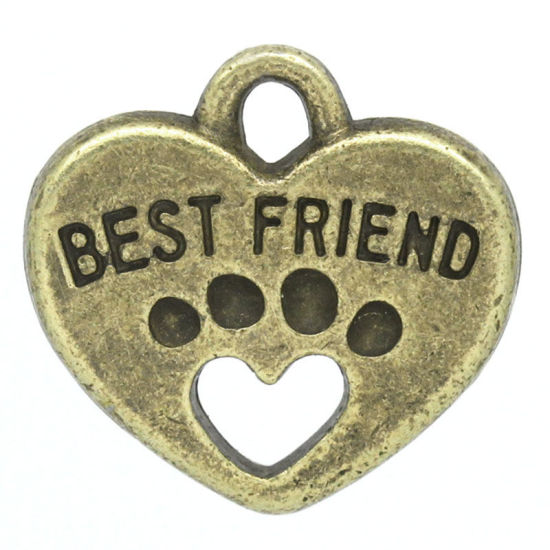 Bild von Zinklegierung Anhänger Herz Bronzefarbe,mit Message Muster, "BEST FRIEND", 15.0mm x 15.0mm, 30 Stücke 