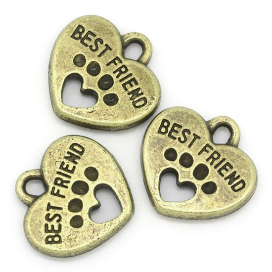 Picture of 30 PCs Zinc Based Alloy Best Friends Pendants Antique Bronze Heart Message " BEST FRIENDS " 15mm x 15mm