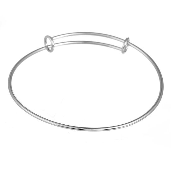 Picture of Stainless Steel Expandable Charm Bangle Bracelet, Double Bar, Round Silver Tone 25cm(9 7/8") long - 22cm(8 5/8") long, 1 Piece