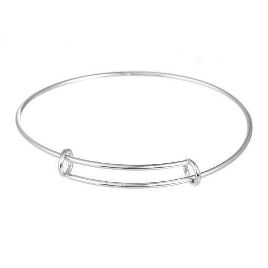 Picture of Stainless Steel Expandable Charm Bangle Bracelet, Double Bar, Round Silver Tone 21cm(8 2/8") long, 1 Piece