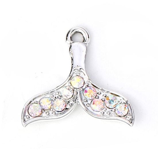 Picture of Zinc Based Alloy Charms Whale Tail Silver Tone AB Color Rhinestone 20mm x 19mm, 2 PCs