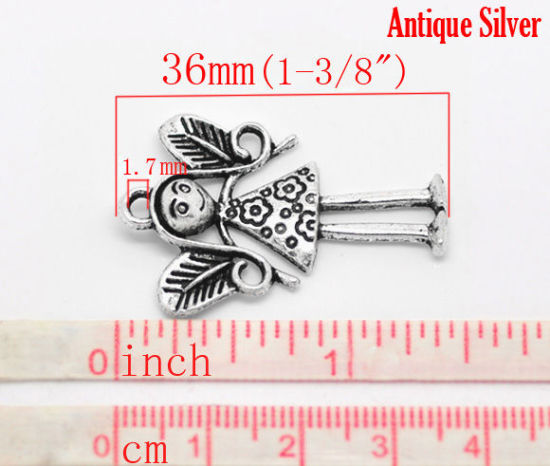 Picture of Zinc metal alloy Charm Pendants Angel Antique Silver Color Leaf Carved 3.6cm(1 3/8") x 25mm(1"), 3 PCs