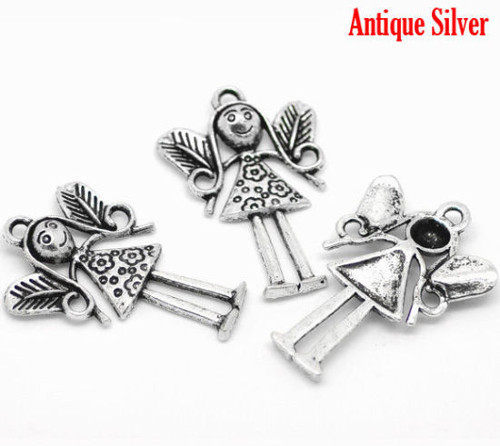 Picture of Zinc metal alloy Charm Pendants Angel Antique Silver Color Leaf Carved 3.6cm(1 3/8") x 25mm(1"), 3 PCs