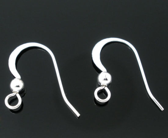 Picture of Brass Ear Wire Hooks Earring Findings Silver Plated 17mm( 5/8") x 18mm( 6/8"), Post/ Wire Size: (21 gauge), 20 PCs                                                                                                                                            
