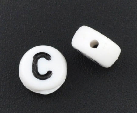 Acrylic Spacer Beads Round White Alphabet/ Letter "C" About 7mm Dia, Hole: Approx 1mm, 60 PCs