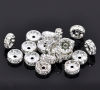 Picture of Brass Rondelle Spacer Beads Round Silver Plated Clear Rhinestone About 10mm( 3/8") Dia, Hole:Approx 1.9mm, 4 PCs                                                                                                                                              