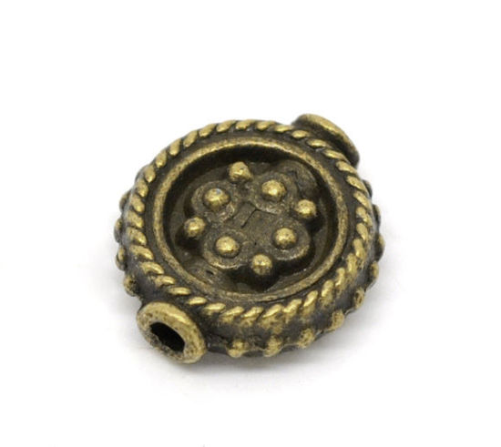Immagine di Lega di Zinco Separatori Perline Tondo Piatto Bronzo Antico Placcato Polka Dot Scolpisce Colore Placcato Circa 13mm x 12mm, Foro:Circa 1.7mm, 6 Pz