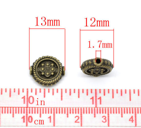 Immagine di Lega di Zinco Separatori Perline Tondo Piatto Bronzo Antico Placcato Polka Dot Scolpisce Colore Placcato Circa 13mm x 12mm, Foro:Circa 1.7mm, 6 Pz
