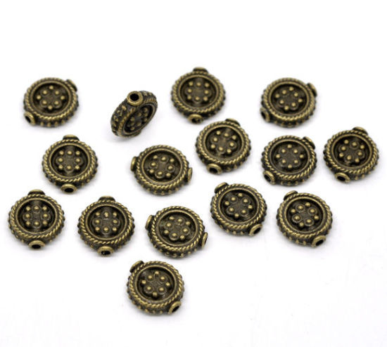 Immagine di Lega di Zinco Separatori Perline Tondo Piatto Bronzo Antico Placcato Polka Dot Scolpisce Colore Placcato Circa 13mm x 12mm, Foro:Circa 1.7mm, 6 Pz