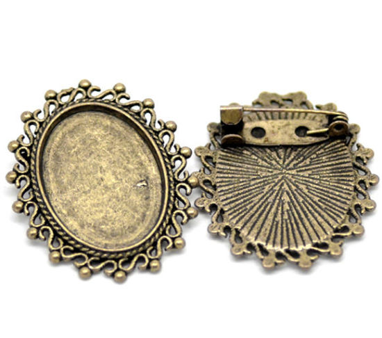 Picture of Zinc Based Alloy Pin Brooches Findings Oval Antique Bronze Cabochon Settings (Fits 24.5mm x 18mm) 3.5cm(1 3/8") x 3cm(1 1/8"), 2 PCs