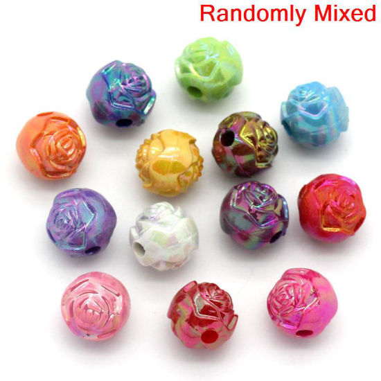 Picture of Acrylic Bubblegum Beads Round At Random Mixed AB Color Flower Carved About 8mm Dia, Hole: Approx 1.8mm, 45 PCs