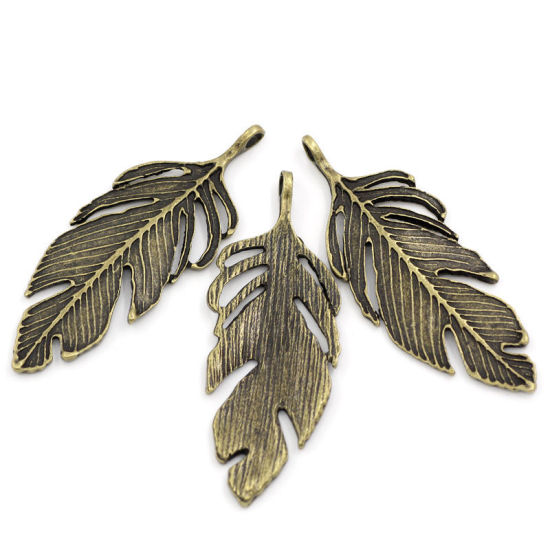 Picture of Zinc metal alloy Charm Pendants Feather Antique Bronze Color Plated 6cm(2 3/8") x 24mm(1"), 1 Piece