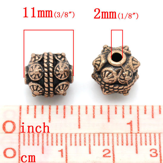 Immagine di Lega di Zinco Separatori Perline Cilindrico Ossido di Rame Modello Scolpisce Circa 11mm x 10mm, Foro:Circa 2.0mm, 4 Pz