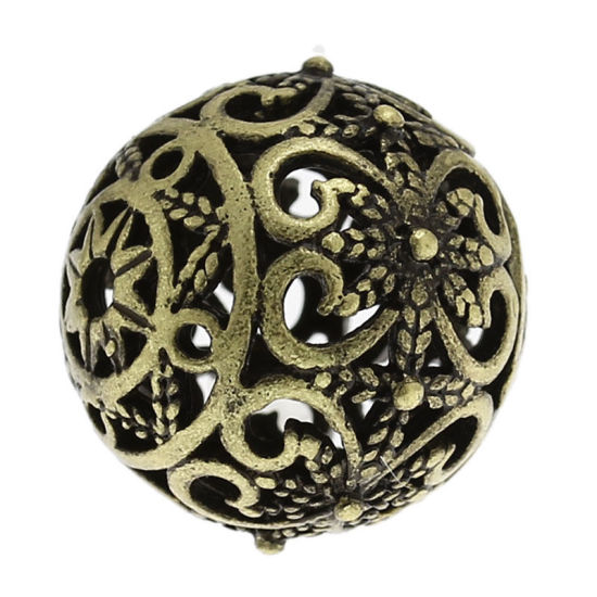 Picture of Brass Filigree Spacer Beads Round Antique Bronze Flower Hollow Carved About 17mm( 5/8") x 16mm( 5/8"), Hole:Approx 2mm, 1 Piece                                                                                                                               