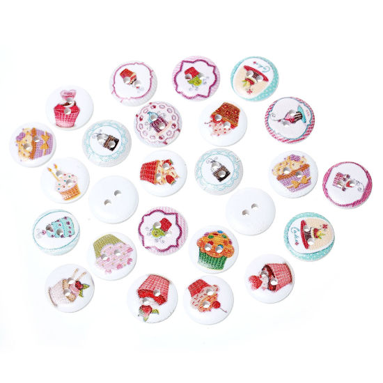 Picture of Natural Wood Sewing Buttons Scrapbooking Round At Random Mixed 2 Holes Cake Pattern 15mm( 5/8") Dia, 20 PCs