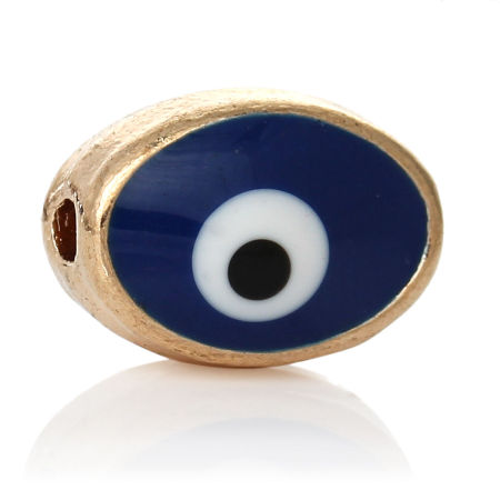 Picture of 2 PCs Zinc Based Alloy Spacer Beads For DIY Jewelry Making Light Golden Dark Blue Oval Evil Eye Enamel About 10mm x 7mm, Hole: Approx 1.7mm