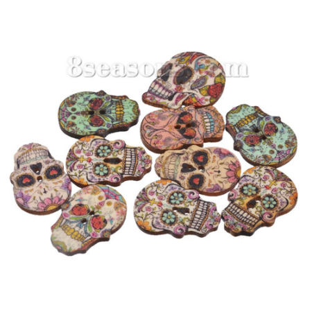10 PCs Natural Hinoki Wood Sewing Buttons Scrapbooking 2 Holes Sugar Skull At Random Mixed Color 24.5mm x 17.5mm