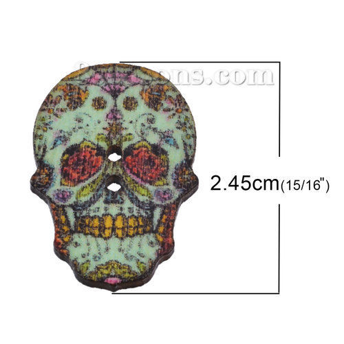 Bild von 10 Stück Natürliches Hinoki-Holz Knöpfe für Aufnähen Scrapbooking 2 Löcher Zuckerschädel Zufällig Gemischte Farben 24.5mm x 17.5mm