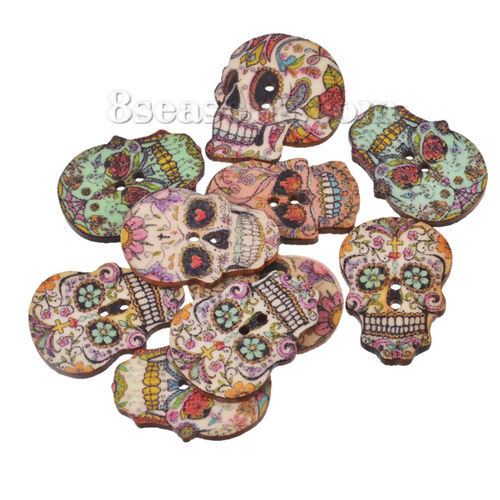 Bild von 10 Stück Natürliches Hinoki-Holz Knöpfe für Aufnähen Scrapbooking 2 Löcher Zuckerschädel Zufällig Gemischte Farben 24.5mm x 17.5mm